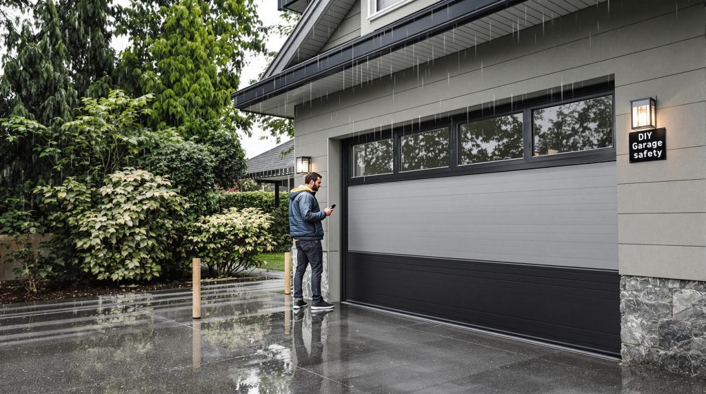 Seattle homeowner inspecting garage door in rain with DIY safety banner