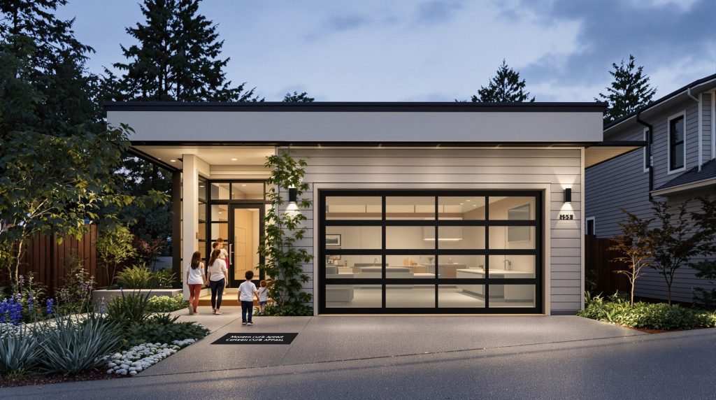 Contemporary Seattle home with modern glass garage door and curb appeal mat