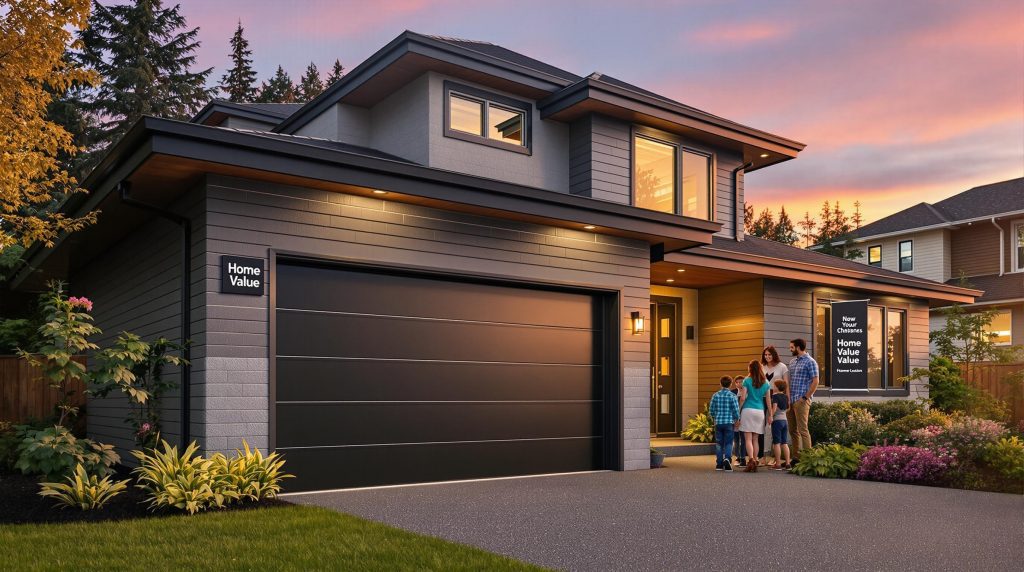 Seattle family admires new garage door upgrade in front of modern home