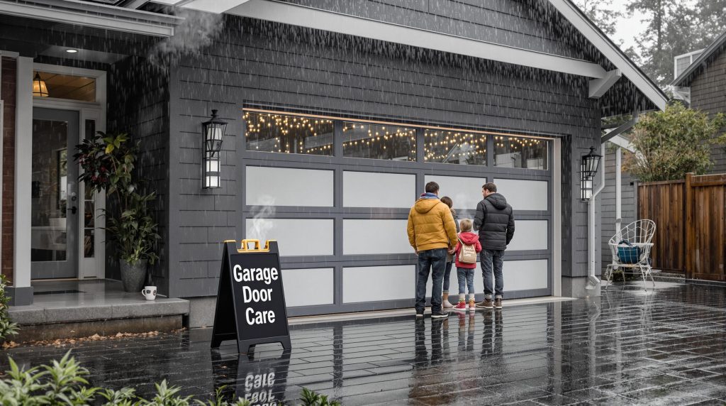 Seattle family inspects garage door during rainy morning