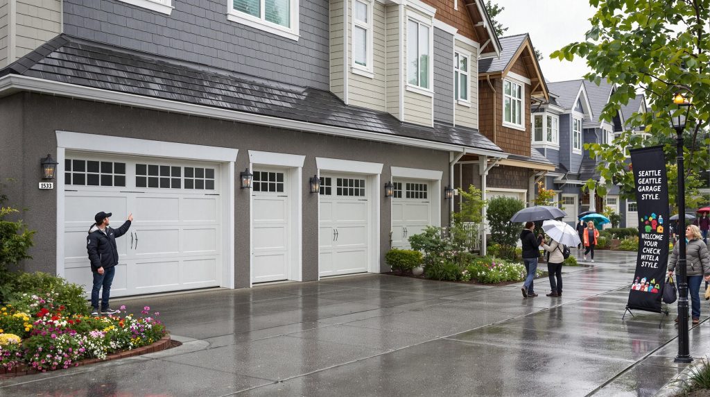 Seattle homes with stylish garage doors and residents in light rain