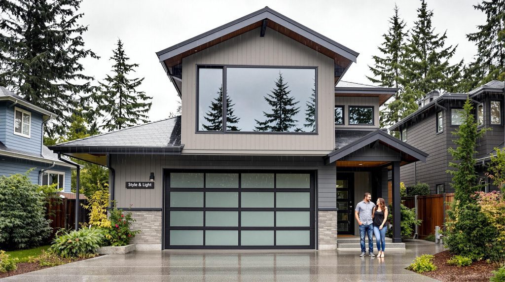 Seattle homeowners view stylish garage door with modern geometric windows