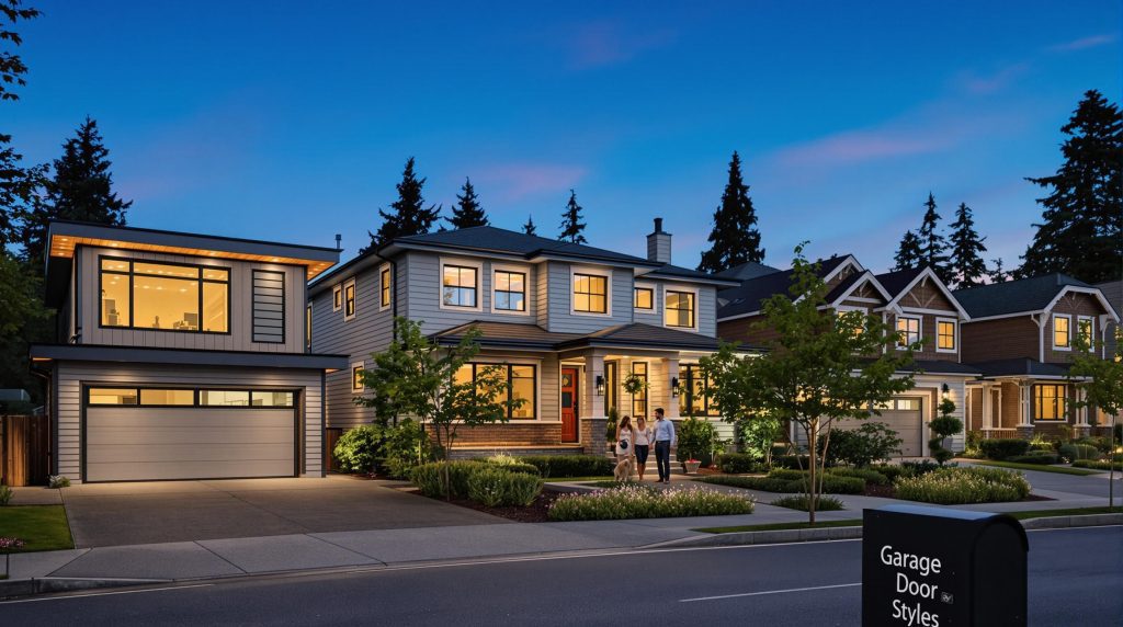 Seattle street with diverse garage doors and neighbors interacting