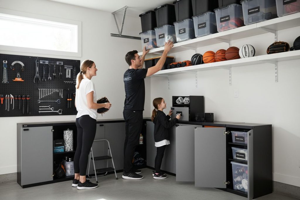 garage storage organization, Seattle family, modern garage